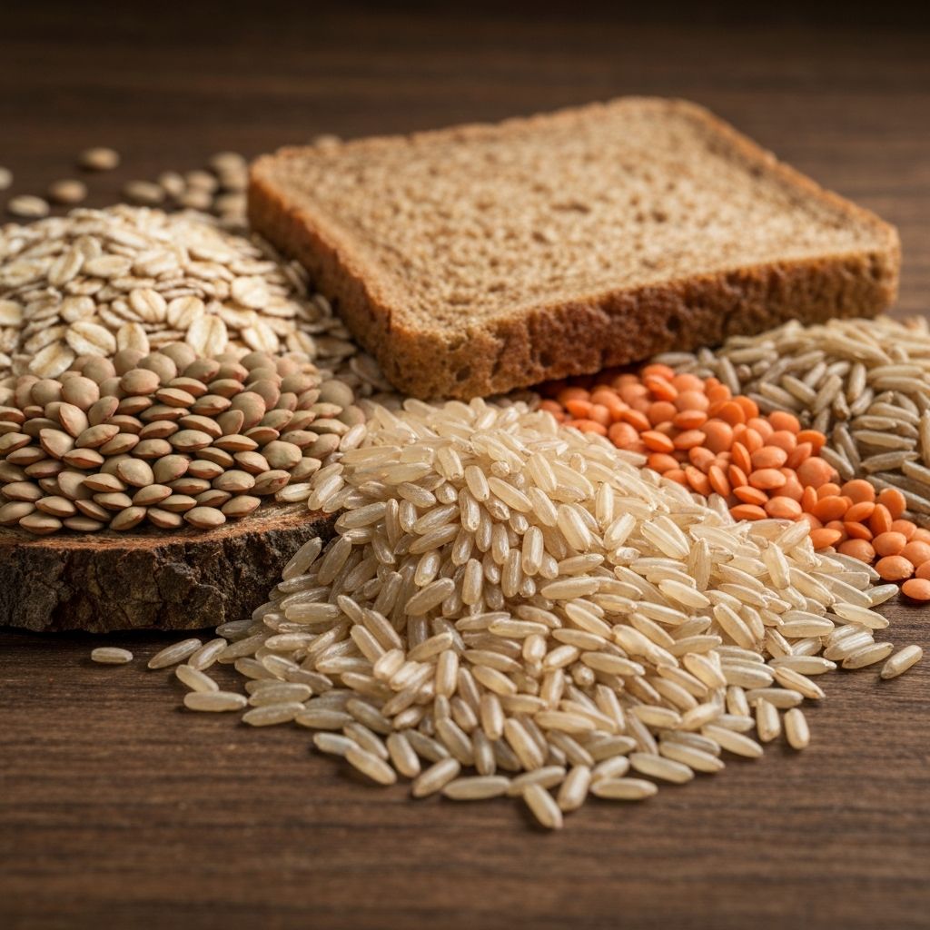 Whole grains and complex carbohydrate sources arranged on natural wood