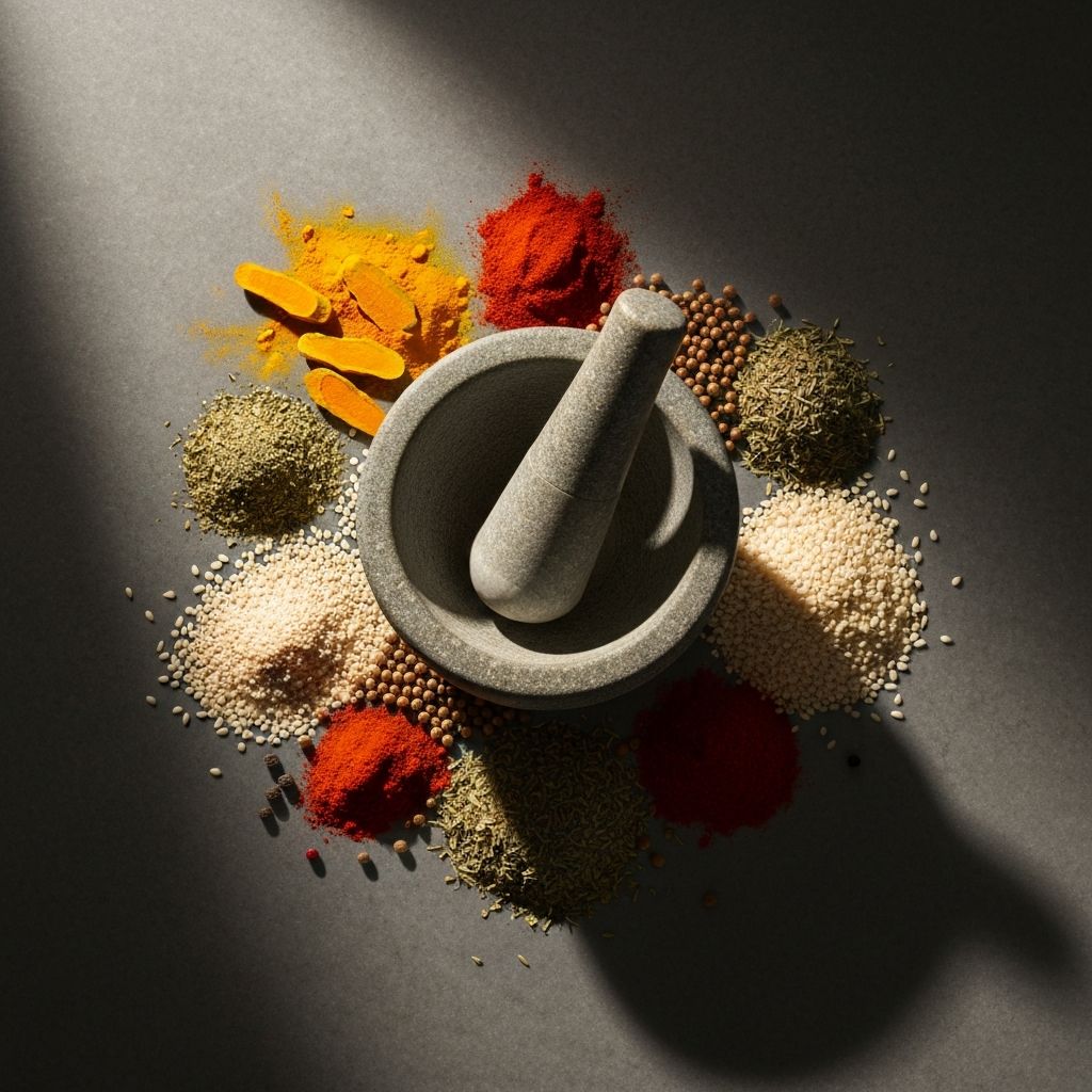 Mortar and pestle with whole spices and grains on polished stone