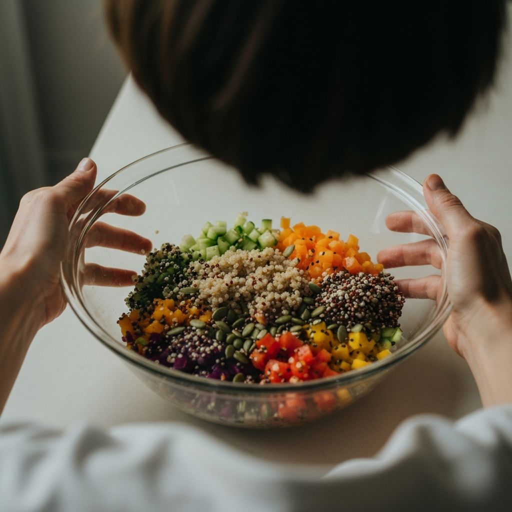 A bowl of mixed grain salad being gently mixed with natural light