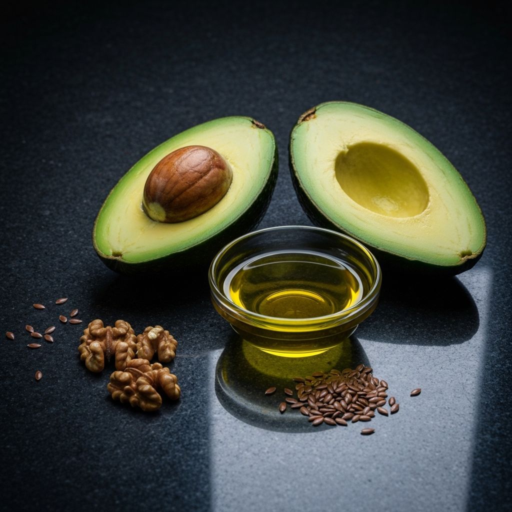 Natural healthy fat sources including avocado and nuts on dark stone
