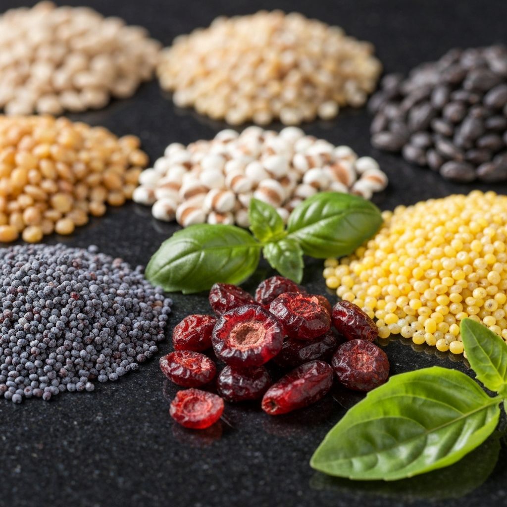 Macro close-up of assorted natural food textures including seeds, grains and dried legumes on dark stone