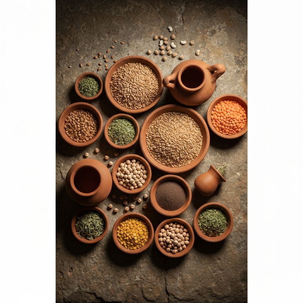 Ancient grains, dried legumes and clay pots on aged stone surface evoking historical dietary traditions