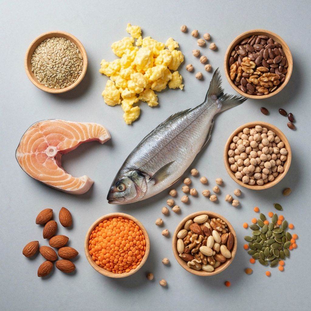 Lean protein food sources arranged overhead on a slate surface